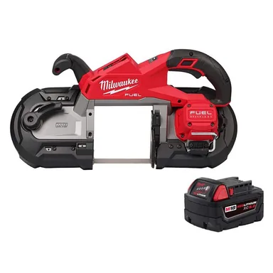 Milwaukee 2929-20-48-11-1850, bundle: M18 FUEL 18V Lith-Ion Brushless Cordless Deep Cut Band Saw w/ (1) 5.0 Ah Battery (photograph from the Home Depot listing)