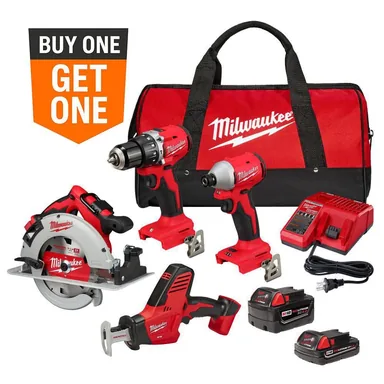 Milwaukee 3693-24CX, kit: M18 18-Volt Lithium-Ion Brushless Cordless Combo Kit (4-Tool) with 2-Batteries, 1-Charger and Tool Bag