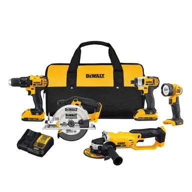 DeWalt DCK521D2, bundle: 20V MAX Cordless 5 Tool Combo Kit with (2) 20V 2.0Ah Batteries and Charger (photograph from the Home Depot listing)