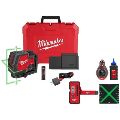 Milwaukee 3522-21-48-22-3982-48-35-1211-48-35-1111, bundle: 100 ft. Green Rechargeable Cross Line & Plumb Laser, 100 ft. Blue Chalk Reel, 165 ft. Laser Detector & Centering Target