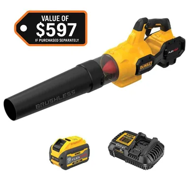 DeWalt DCBL772X1, kit: FLEXVOLT 60V MAX 125 MPH 600 CFM Brushless Cordless Battery Powered Blower Kit with (1) FLEXVOLT 3 Ah Battery & Charger (photograph from the Home Depot listing)