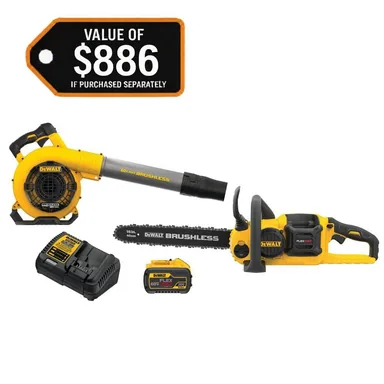 DeWalt DCKO667X1, bundle: FLEXVOLT 60V MAX Cordless Battery Powered 16 in. Chainsaw & Blower Kit with (1) FLEXVOLT 3 Ah Battery & Charger (photograph from the Home Depot listing)