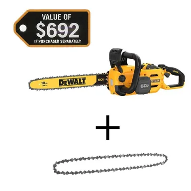 DeWalt DCCS672X1WDT618, bundle: FLEXVOLT 60V MAX 18 in. Brushless Cordless Chainsaw Kit with (1) 3.0 Ah Battery and Charger w/Extra 18 in. Chain