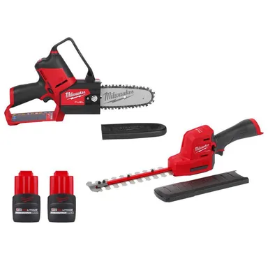 Milwaukee 2527-20-2533-20-48-11-2425-48-11-2425, bundle: M12 FUEL 6 in. 12V Lithium-Ion Brushless Electric Cordless Battery Pruning Saw HATCHET w/Hedge Trimmer, (2) Batteries