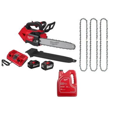 Milwaukee 2826-22T-49-16-2819-49-16-2838, bundle: M18 FUEL 14 in. Brushless Battery Top Handle Chainsaw Kit w/ 14 in. Chainsaw Chain (3 Pack), 1 Gallon Bar & Chain Oil