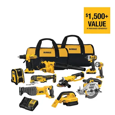 DeWalt DCK1020D2, bundle: 20V MAX Cordless 10 Tool Combo Kit with (2) 20V 2.0Ah Batteries, Charger, and Bag