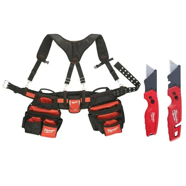 Milwaukee 48-22-8120-48-22-1503, bundle: General Contractor Work Waist Tool  Belt with Suspension Rig and Fastback Folding Knives (2-Pack)