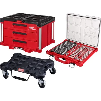 Milwaukee 48-22-9486-48-22-8443-48-22-8410, bundle: 3/8 in. and 1/4 in. Drive SAE/Metric Mechanics Tool Set (106-Piece) with PACKOUT Drawer Kit