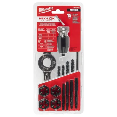 Milwaukee 49-22-5611, accessory: Metric Tap & Die Set w/ HEX-LOK 2-in-1 Handle (15-Piece) (photograph from the Home Depot listing)