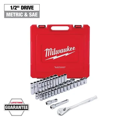 Milwaukee 48-22-9010, unpowered: 1/2 in. Drive SAE/Metric Ratchet and Socket Mechanics Tool Set (47-Piece)