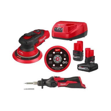 Milwaukee 2585-22CX-2488-20, bundle: M12 FUEL 12-Volt Li-Ion Brushless Cordless 6 in. Random Orbital Sander Kit (3/16 in) wM12 Batteries, &Soldering Iron
