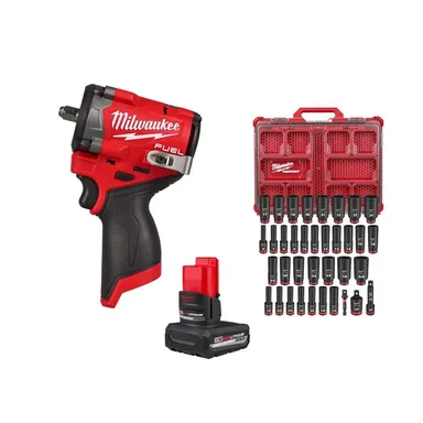 Milwaukee 2562-20-48-11-2450-49-66-6805, bundle: M12 FUEL 12V 3/8 in. Stubby Impact Wrench w/5.0Ah Battery & SHOCKWAVE PACKOUT Socket Set (36-Pc)