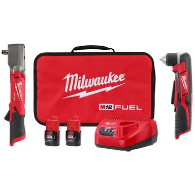Milwaukee 2565-22-2415-20, bundle: M12 FUEL 12V Lithium-Ion Brushless Cordless 1/2 in Right Angle Impact Wrench Kit w Two 2.0Ah Batteries&Right Angle Drill