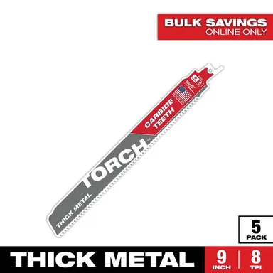 Milwaukee 48-00-5502, accessory: 9 in. 8 TPI TORCH Carbide Teeth Thick Metal Cutting SAWZALL Reciprocating Saw Blade (5-Pack)