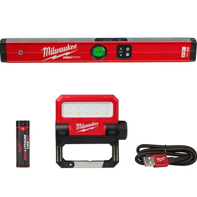 Milwaukee MLDIG24-2114-21, bundle: 24 in. REDSTICK Digital Box Level with Pin-Point Measurement Technology and 550 Lumens LED Rechargeable Flood Light