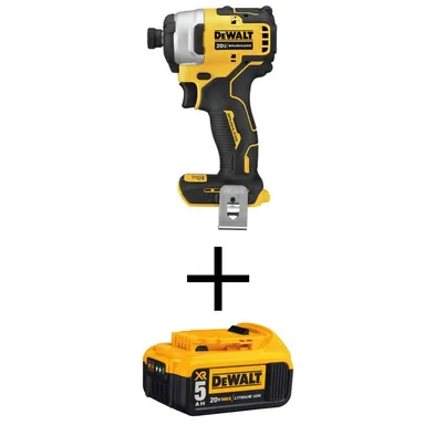 DeWalt DCF809BW205, bundle: ATOMIC 20V MAX Cordless Brushless Compact 1/4 in. Impact Driver and (1) 20V MAX XR Premium Lithium-Ion 5.0Ah Battery