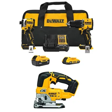 DeWalt DCK200D1P1W334B, bundle: ATOMIC 20-Volt Lithium-Ion Cordless 2-Tool Combo Kit and Brushless Jigsaw with 5.0 Ah and 2.0 Ah Batteries and Charger