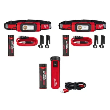 Milwaukee 2116-21-2116-21-48-59-2013, bundle: 600 Lumens LED REDLITHIUM USB 360-Degree Visibility Hard Hat Headlamp (2-Pack) USB Charger and Portable Power Source Kit