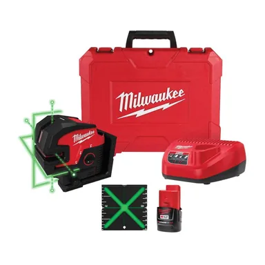 Milwaukee 3624-21, kit: M12 12-Volt Lithium-Ion Cordless Green Cross Line and 4-Points Laser Level Kit