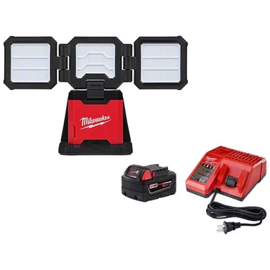Milwaukee 2368-20-48-59-1850, bundle: M18 18-Volt Lithium-Ion Cordless 4500 Lumens ROVER Dual Power Triple-Panel Flood w/ (1) 5Ah Battery & Charger
