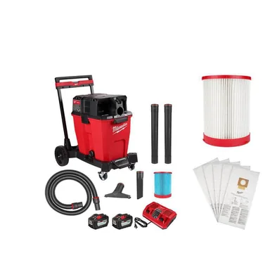 Milwaukee 0930-22HD-49-90-1977-49-90-1999, bundle: M18 FUEL 12 Gal. Cordless Dual-Battery Wet/Dry Shop Vac Kit with HE Filter, HEPA Filter and (5-Pack) Fleece Dust Bags