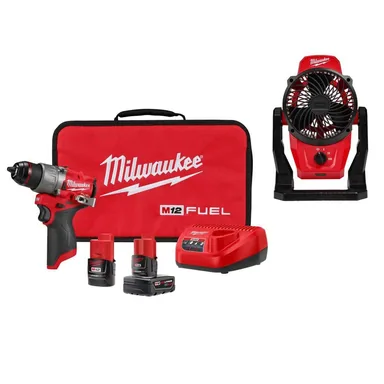 Milwaukee 3403-22-0820-20, bundle: M12 FUEL 12V Lithium-Ion Brushless Cordless 1/2 in. Hammer Drill Kit with 4.0 Ah and 2.0 Ah Battery, Soft Case, & Fan