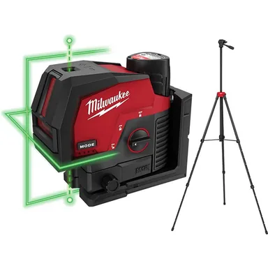 Milwaukee 3622-21-48-35-1411, bundle: M12 12-Volt Lithium-Ion Cordless Green 125 ft. Cross Line & Plumb Points Laser Level Kit with 3.0 Ah Battery and Tripod