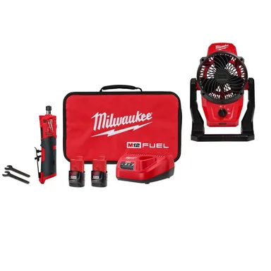 Milwaukee 2486-22-0820-20, bundle: M12 FUEL 12V Lithium-Ion Brushless Cordless 1/4 in. Straight Die Grinder Kit with Two 2.0 Ah Batteries and Fan