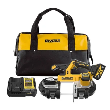 DeWalt DCS378P1, kit: 20-Volt MAX Lithium-Ion 3-3/8 in. Cordless Band Saw with 5 Ah Battery, Charger and Bag (photograph from the Home Depot listing)