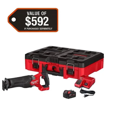 Milwaukee 2821-21PO, kit: M18 FUEL18V Lithium-Ion Brushless Cordless SAWZALL Reciprocating Saw with PACKOUT Tool-Box, (1) 5.0 Battery, and Charger