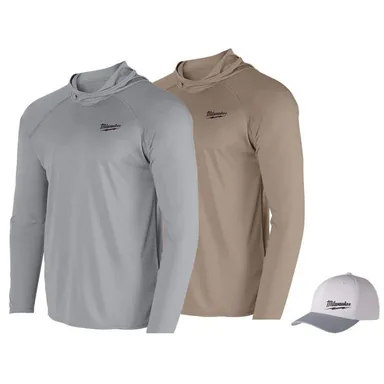Milwaukee M550G-XL-M550N-XL-507G-LXL, bundle: Men's X-Large Gray and Sandstone WORKSKIN Hooded Sun Shirt (2-Pack) with Large/X-Large Gray WORKSKIN Fitted Hat