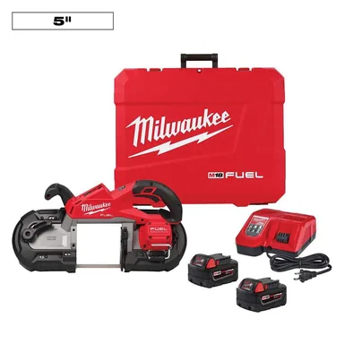 Milwaukee 2929-22, kit: M18 FUEL 18V Lithium-Ion Brushless Cordless Deep Cut Band Saw with (2) M18 REDLITHIUM XC5.0 Battery and Rapid Charger (photograph from the Home Depot listing)