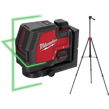 Milwaukee 3521-21-48-35-1411, bundle: 100 ft. REDLITHIUM Lithium-Ion USB Green Rechargeable Cross Line Laser Level with Charger and Adjustable Tripod