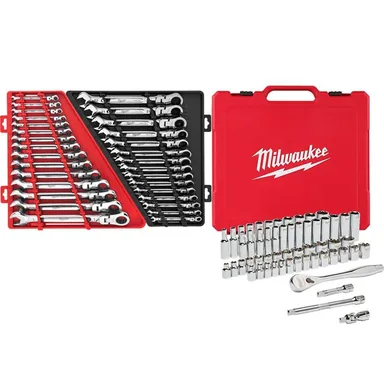 Milwaukee 48-22-9008-48-22-9513-48-22-9413, bundle: 3/8 in. Drive SAE/Metric Ratchet and Socket Mechanics Tool Set with SAE/Metric Flex-Head Combination Wrenches (86-Piece)