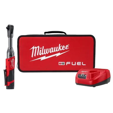 Milwaukee 2560-21, kit: M12 FUEL 12V Lithium-Ion Brushless Cordless 3/8 in. Extended Reach Ratchet Kit with One 2.0 Ah Batteries (photograph from the Home Depot listing)