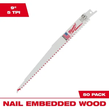 Milwaukee 48-01-6036, accessory: 9 in. 5 TPI Thin Kerf Wood Cutting SAWZALL Reciprocating Saw Blades (50-Pack)