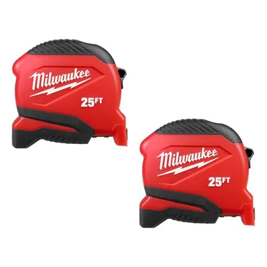 Milwaukee 48-22-1725-48-22-1725, bundle: Compact 25 ft. Tape Measure with Fractional Scale (2-Pack)