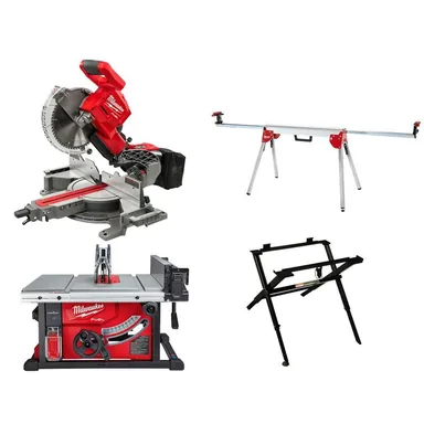 Milwaukee 2736-20-2734-20-48-08-0561-48-08-0551, bundle: M18 FUEL ONE-KEY 18-Volt Lithium-Ion Brushless Cordless 8-1/4 in. Table Saw with Stand and 10 in. Miter Saw with Stand (photograph from the Home Depot listing)