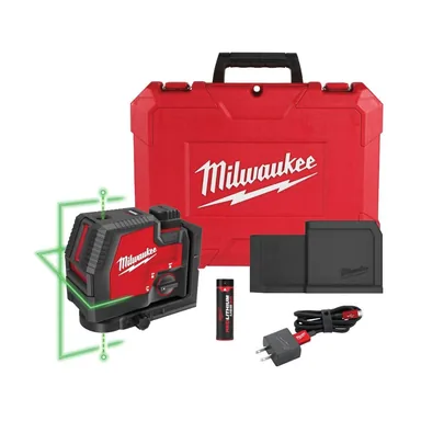 Milwaukee 3522-21, kit: Green 100 ft. Cross Line and Plumb Points Rechargeable Laser Level with REDLITHIUM Lithium-Ion USB Battery and Charger