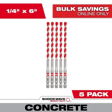 Milwaukee 48-20-9162, accessory: 1/4 in. SHOCKWAVE Carbide Hammer Drill Bits (5-Pack)