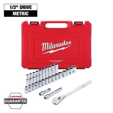 Milwaukee 48-22-9510, unpowered: 1/2 in. Drive Metric Ratchet and Socket Mechanics Tool Set (28-Piece)