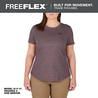 Milwaukee F452P-M, unpowered: Women's Medium Purple FREEFLEX Short Sleeve Hybrid Work T-Shirt (photograph from the Home Depot listing)