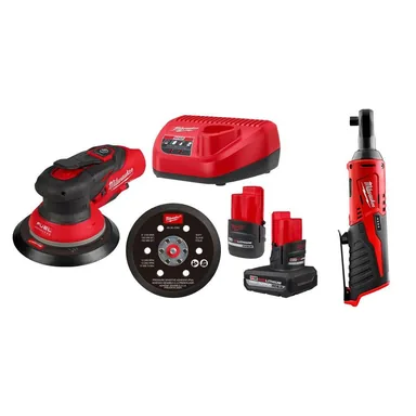 Milwaukee 2584-22CX-2457-20, bundle: M12 FUEL 12-Volt Li-Ion Brushless Cordless 6 in. Random Orbital Sander Kit (3/32 in) w5. 0Ah, 2. 5Ah Batteries, &Ratchet
