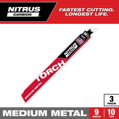 Milwaukee 48-00-6352, accessory: 9 in. 10 TPI TORCH Nitrus Carbide Teeth Medium Metal Cutting SAWZALL Reciprocating Saw Blade (3-Pack)