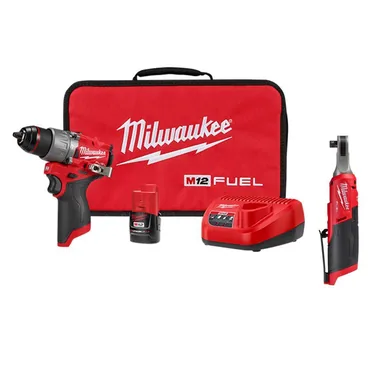 Milwaukee 3404-21-2567-20, bundle: M12 FUEL 12-Volt Li-Ion Brushless Cordless 1/2 in. Hammer Drill Kit w 2.0Ah Battery, Charger& High Speed 3/8 in. Ratchet