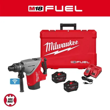 Milwaukee 2918-22HD, kit: M18 FUEL 18V Lithium-Ion Brushless Cordless 1-3/4 in. SDS-Max Rotary Hammer Kit w/ Two 12.0 Ah Batteries (photograph from the Home Depot listing)