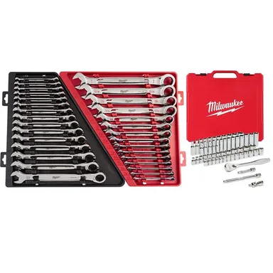 Milwaukee 48-22-9416-48-22-9516-48-22-9008, bundle: SAE/Metric Combination Ratcheting Wrenches with 3/8 in. Drive SAE/Metric Ratchet & Socket Mechanics Tool Set (86-Piece)