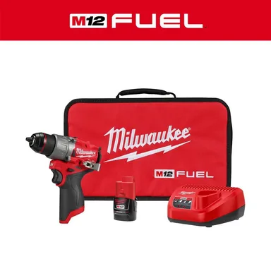 Milwaukee 3404-21, kit: M12 FUEL 12-Volt Lithium-Ion Brushless Cordless 1/2 in. Hammer Drill Kit with 1 Compact 2.0Ah Battery Pack and 1 Charger (photograph from the Home Depot listing)