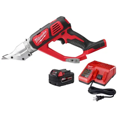 Milwaukee 2635-20-48-59-1850, bundle: M18 18-Volt Lithium-Ion Cordless 18-Gauge Double Cut Metal Shear with 5.0 Ah Battery and Charger Starter Kit