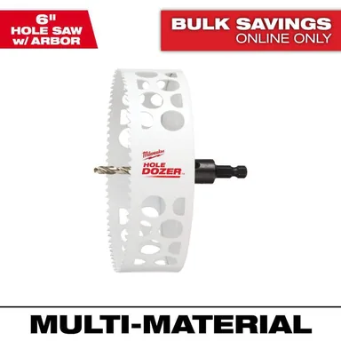 Milwaukee 49-56-9698, accessory: 6 in. Hole Dozer Bi-Metal Hole Saw with 3/8 in. Arbor and Pilot Bit (photograph from the Home Depot listing)